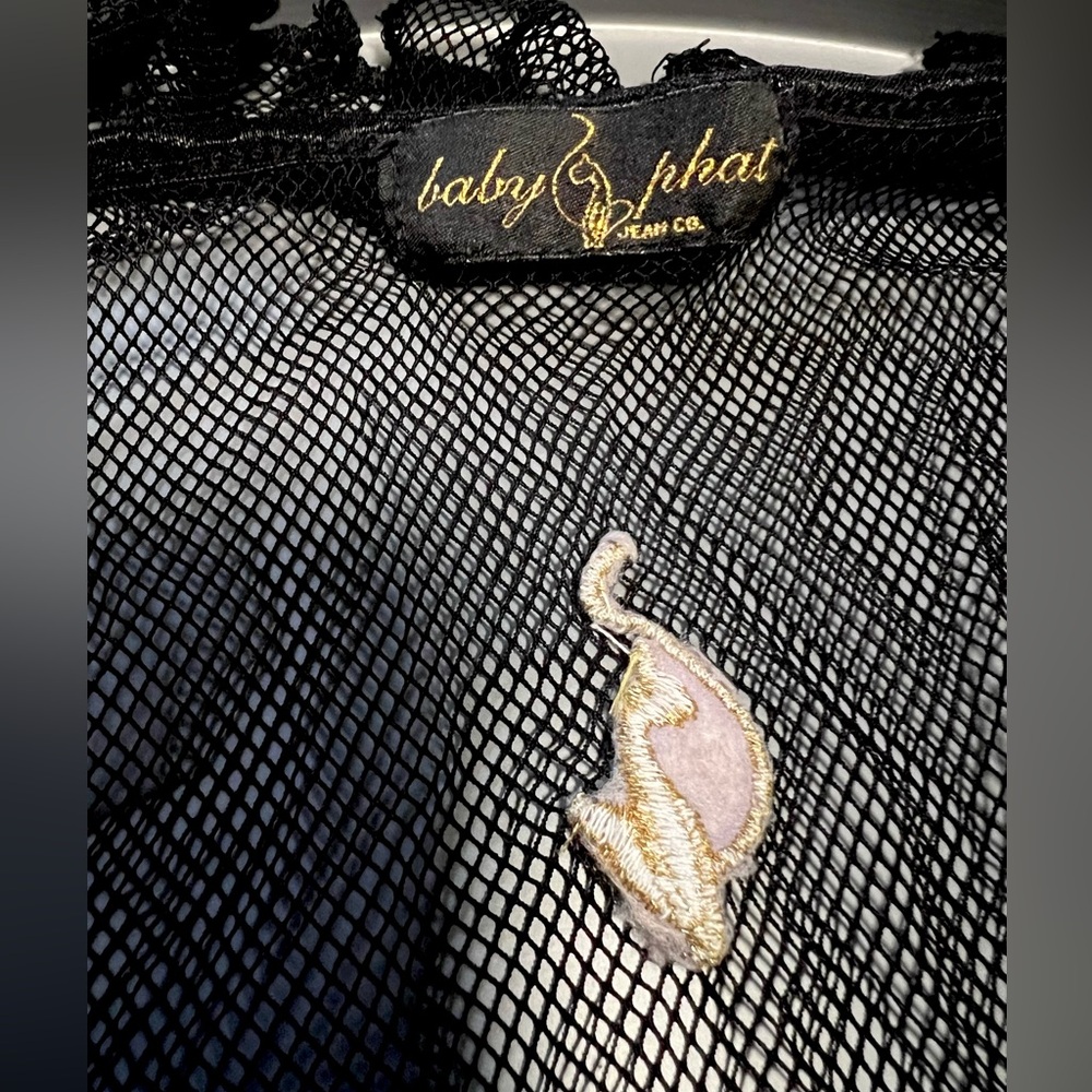 Baby Phat Black Mesh Top with Gold Embroidery